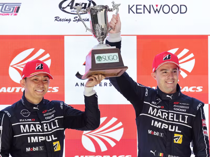 SHERIDAN, WYOMING – October 11, 2024 – Four Nissan Z NISMO GT500s competed in sixth round of the 2024 Super GT series, a 300km race at Sportsland Sugo, on September 22. Starting from fifth on the grid, and against a backdrop of intermittent rain, the #12 Marelli Impul Z (Kazuki Hiramine/Bertrand Baguette), fought valiantly to secure third place on the podium. The #3 Niterra Motul Z (Mitsunori Takaboshi/Atsushi Miyake) finished in sixth place.