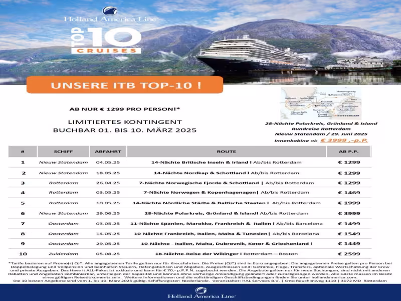 Holland America Line Launches TOP TEN Promotion and Extends HAVE IT ALL Offer for ITB Berlin 2025