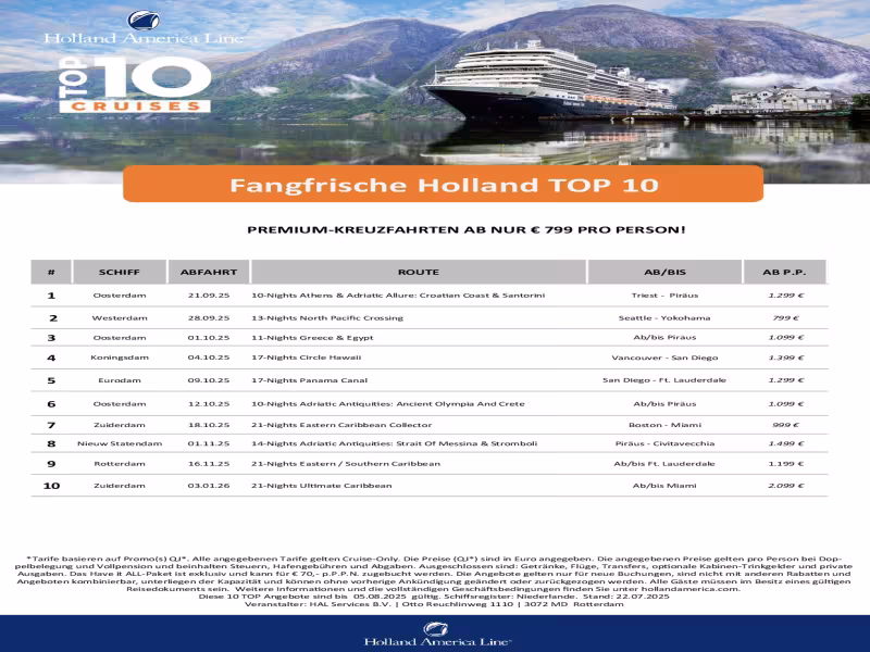 Escape the Everyday: Holland America’s Premium Cruises Now From €799 with VIP Perks
