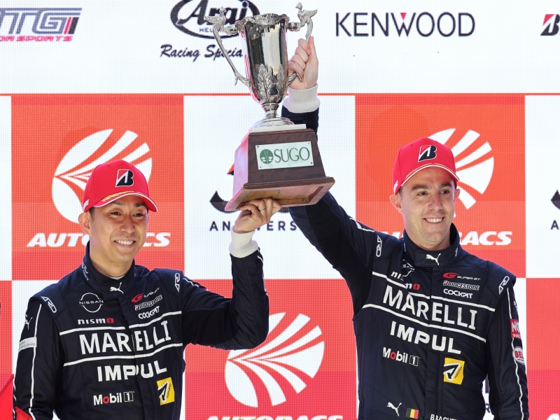 SHERIDAN, WYOMING – October 11, 2024 – Four Nissan Z NISMO GT500s competed in sixth round of the 2024 Super GT series, a 300km race at Sportsland Sugo, on September 22.    Starting from fifth on the grid, and against a backdrop of intermittent rain, the #12 Marelli Impul Z (Kazuki Hiramine/Bertrand Baguette), fought valiantly to secure third place on the podium. The #3 Niterra Motul Z (Mitsunori Takaboshi/Atsushi Miyake) finished in sixth place.  