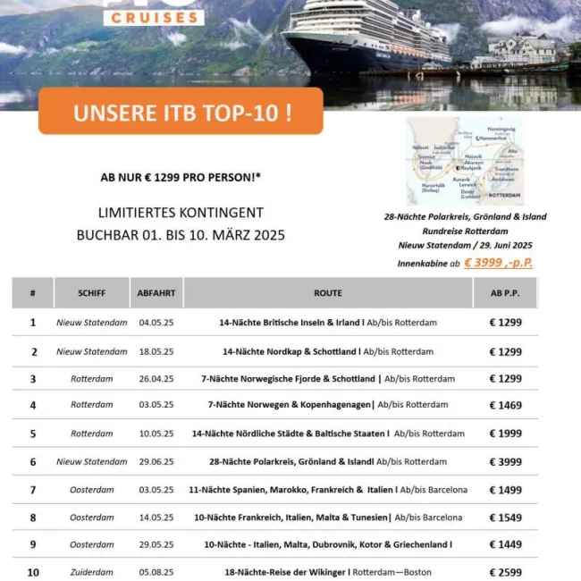 Holland America Line Launches TOP TEN Promotion and Extends HAVE IT ALL Offer for ITB Berlin 2025
